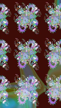 Renkli Bahar Teması eskiz kalıbı. Düz Çiçek Elementleri Tasarımı. Kahverengi renkli şirin çiçek deseni. Raster Modaya uygun kumaş deseni.