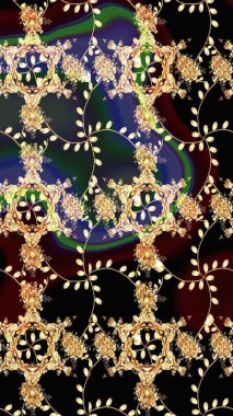 Siyah renkli bitkilerden oluşan parlak çiçekli çizim deseni.