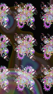 Siyah renkli Asya tekstili. Suluboya çiçekli çiçek deseni. Raster illüstrasyonu.