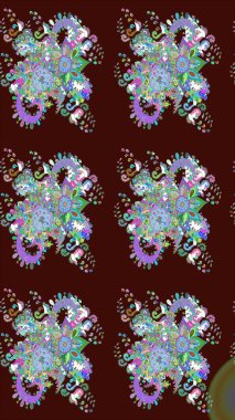 Raster illüstrasyonundaki çiçek desenli çizim. Düz Çiçek Elementleri Tasarımı. Renkli Bahar Teması eskiz kalıbı. Süslü kumaş deseni.