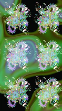 Çiçek desenli çizim. Raster illüstrasyonu. Asya tekstil tarzında. Yeşil renkli çiçekler. Raster illüstrasyonu.