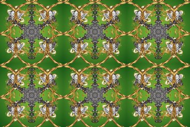 Noel altın kar tanesi kusursuz desen. Yeşil, gri ve kahverengi renklerde altın kar taneleri. Kış kar dokusu duvar kağıdı. Sembol tatili, yeni yıl kutlaması, altın desenler..