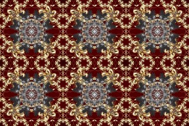 Kahverengi, gri bej renklerde, altın elementlerle kusursuz desen. Kusursuz altın desenli bukleler. Doğu tarzı arabesk. Raster. Hassas altın desen. Parlak dantel, stilize çiçekler, şal desenli.