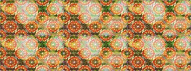 Raster geometrik arka plan. Turuncu renklerde altın desenli altın çiçekli desenler. Senin tasarımın için, duvar kağıdı. Altın rengi kusursuz illüstrasyon.