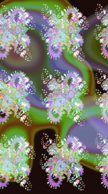 Raster illüstrasyonu. Yumuşak, yeşil renkli bahar çiçekleri. Yaprak ve çiçeklerin suluboya resmi, yeşil renkte çizim deseni.