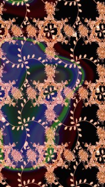 Kumaş, tekstil, duvar kağıdı baskısı için. Eski usul. Renkli desenli eskiz deseni, siyah çiçekler ve dekoratif elementlerle. Eskiz geçmişi. Raster illüstrasyonu.