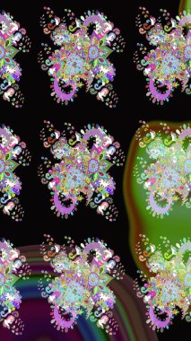 Üzerinde gelincikler ve vadi zambakları olan renkli çiçek desenli nakış deseni. Tekstil tasarımı için siyah renkli geleneksel halk çiçekleri buketi.