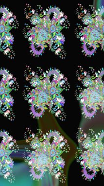 Raster illüstrasyonu. Şirin çiçekli eskiz deseni ve siyah renkli yapraklar, suluboya çiçek deseni, duvar kağıdı, kart veya kumaş için fayanslı.