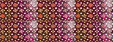 Renkli Bahar Teması eskiz kalıbı. Raster illüstrasyonu. Çiçek desenli çizim. Asya tekstil tarzında. Düz Çiçek Elementleri Tasarımı. Mor ve kahverengi renkte çiçekler.