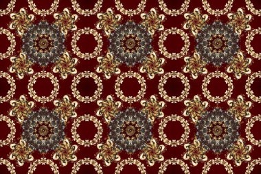 Raster geometrik arka plan. Kahverengi, kırmızı ve bej renklerde, altın çiçekli altın desenler. Senin tasarımın için, duvar kağıdı. Altın rengi kusursuz illüstrasyon.