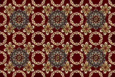 Raster geometrik arka plan. Kahverengi, kırmızı ve bej renklerde, altın çiçekli altın desenler. Senin tasarımın için, duvar kağıdı. Altın rengi kusursuz illüstrasyon.