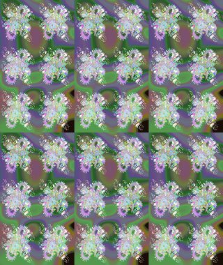 Raster illüstrasyonu. Yumuşak, yeşil renkli bahar çiçekleri. Yaprak ve çiçeklerin suluboya resmi, yeşil renkte çizim deseni.