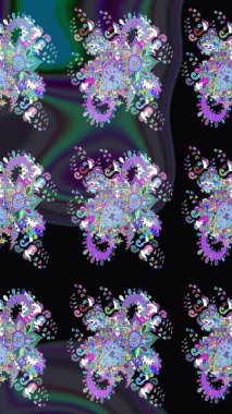 Çiçekli ipek eşarp. Siyah üstüne siyah. Retro tekstil tasarım koleksiyonu. El çizimi çiçek unsurları olan soyut çizim raster deseni. 1950 'ler-1960' lar motifleri.