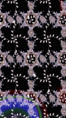 Çok renkli, zarif küçük çiçekler ve siyah renkli komik böcekler, raster desen, illüstrasyon..