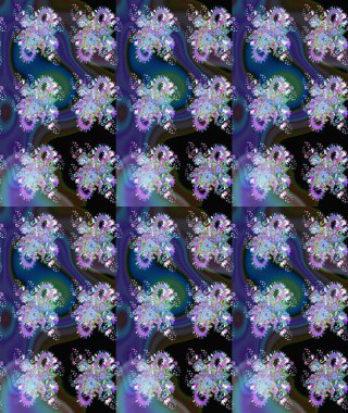 Çiçeksel elementlerle süslenmiş zarif raster dokusu. Mavi renkler ve parlak çiçekler üzerine soyut çizim deseni. Küçük çiçekte şirin bir çiçek deseni var..