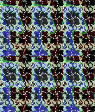 Raster illüstrasyonu. Çiçek desenli çizim. Asya tekstil tarzında. Mavi renkli çiçekler. Raster illüstrasyonu.