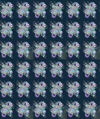 Elle çizilmiş çiçek desenli Raster çizimi. Çocuksu tasarım. Tekstil, kumaş, ambalaj, hatıra defteri için hoş bir çiçek arkaplanı. Mavi arkaplanda.