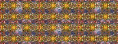 Halk tarzı. Moda baskıları için zarif bir şablon. Parlak renkli çiçekleri ve kahverengi renkli yaprakları olan kusursuz çiçek desenleri. Modern çiçek arkaplanı.