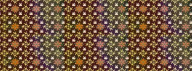 Renkli Bahar Teması eskiz kalıbı. Asya tekstil tarzında. Raster illüstrasyonu. Kahverengi ve mor renkli çiçekler. Düz Çiçek Elementleri Tasarımı. Çiçek desenini çiz.