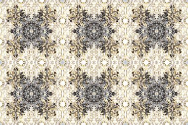 Bej, gri ve nötr renklerdeki altın desenli altın elementler. Barok tarzında duvar kağıdı tasarımı için kusursuz damaske deseni arkaplanı. Süslü raster dekorasyonu.