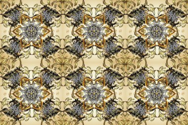 Bej ve nötr renklerde altın kar taneleri. Sembol bayramı, yeni yıl kutlamaları, altın desenler. Noel altın kar tanesi kusursuz desen. Kış kar dokusu duvar kağıdı.