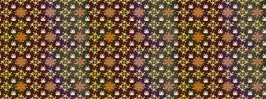 Renkli Bahar Teması eskiz kalıbı. Asya tekstil tarzında. Raster illüstrasyonu. Kahverengi ve mor renkli çiçekler. Düz Çiçek Elementleri Tasarımı. Çiçek desenini çiz.