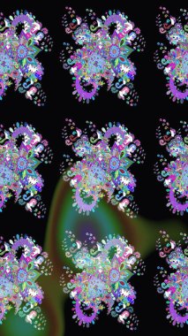 Raster - stok. Yapraklı çiçekler ve papatya çiçekli siyah renkte papatyalar. Taslak arkaplan deseni.