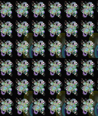 Çiçek ve yapraklı karalama şeklinde Raster çiçek deseni. Raster illüstrasyonu. Nazikçe, bahar çiçekleri siyah renklerde.