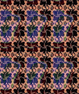 Kumaş, tekstil, duvar kağıdı baskısı için. Renkli desenli eskiz deseni, siyah çiçekler ve dekoratif elementlerle. Eskiz geçmişi. Eski usul. Raster illüstrasyonu.