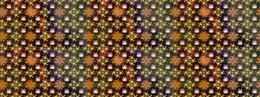 Raster geleneksel halk çiçekleri kahverengi ve yeşil renkli tekstil tasarımları için. Üzerinde gelincikler ve vadi zambakları olan renkli çiçek desenli nakış..