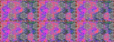 Raster illüstrasyonu. Kusursuz bir geçmişi var. Renkli şal desenli, mor çiçekli ve dekoratif elementli kusursuz desen. Kumaş, tekstil, duvar kağıdı baskısı için. Antika retro tarzı.