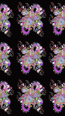 Parlak renkli çiçekli ve siyah yapraklı harika bir çiçek deseni. Halk tarzı. Moda baskıları için zarif bir şablon. Modern çiçek arkaplanı.