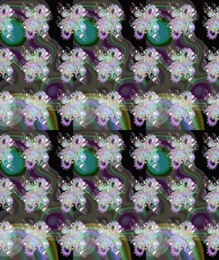 Raster illüstrasyonu. Yeşil renklerde. Çiçek buketleriyle klasik tarzda eskiz deseni.