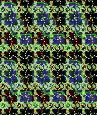 Raster illüstrasyonu. Yeşil renkli çiçekler. Çiçek desenli çizim. Asya tekstil tarzında. Raster illüstrasyonu.