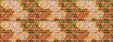 Süslü dekorasyon. Damask altın soyut çiçek turuncu renklerde dikişsiz desen. Raster illüstrasyonu.