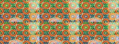 İslam tasarımı. Çiçek kiremitleri. Altın elementlerle yeşil renklerde altın desen. Kusursuz desenli oryantal süs. Raster altın tekstil baskısı.