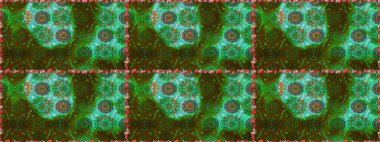 İşlemeli çiçekli, dikişsiz desen. Parmak izi, kumaş, duvar kâğıdı, tekstil için raster dokusu. Renkli grunge, yakut yeşil çiçeklerle soyut arkaplanı zenginleştirir.