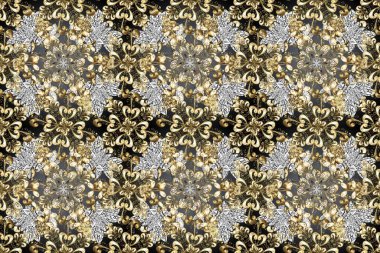 Altın çiçekli, pürüzsüz desen. Gri, bej ve kahverengi renklerde altın bir element. Barok tarzında altın çiçekli süs. Damask arkaplanı.