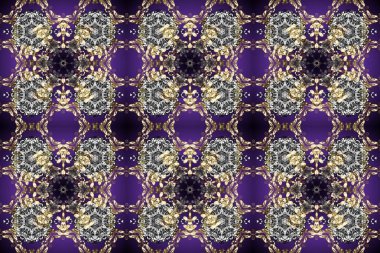 Damask arkaplanı tekerrür ediyor. Barok tarzında altın çiçek süsü. Gri, mor ve kahverengi renklerde altın element. Antika altın tekrarlanabilir duvar kağıdı.