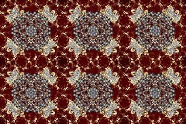 Gri, kırmızı ve kahverengi renklerde, altın elementlerle kusursuz klasik desen. Noel, kar tanesi, yeni yıl 2025.