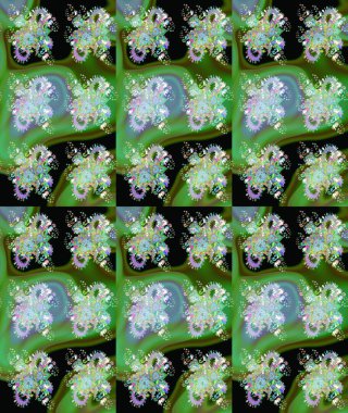 Yeşil renkli çiçekler. Asya tekstil tarzında. Raster illüstrasyonu. Çiçek desenli çizim. Raster illüstrasyonu.