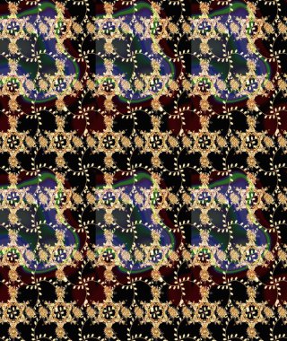 Siyah renkli bitkilerden oluşan parlak çiçekli çizim deseni.