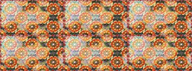 Raster Golden Mehndi kusursuz desen. Kına dövmeli süs çiçekleri, altın çıkartmalar, mehndi ve yoga tasarımı, kartlar ve parmak izleri. Turuncu renkte desen.