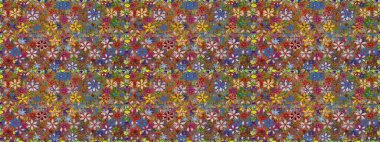 Kumaş, duvar kağıdı ve kağıt üzerine baskı yapmak için gelişen arka plan. Moda arka planında parlak buketler. Raster illüstrasyonu. Sevimli, pürüzsüz desenli, bağbozumu tarzında küçük bir çiçek..