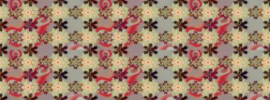 Raster illüstrasyonundaki çiçek desenli çizim. Süslü kumaş deseni. Düz Çiçek Elementleri Tasarımı. Renkli Bahar Teması çizim şablonu.