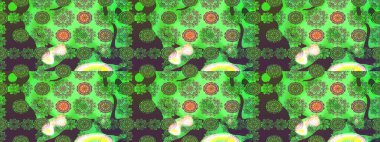 Raster illüstrasyonu. Asya tekstil tarzında. Yeşil ve kahverengi renkli çiçekler. Çiçek desenli çizim. Renkli Bahar Teması eskiz kalıbı. Düz Çiçek Elementleri Tasarımı.