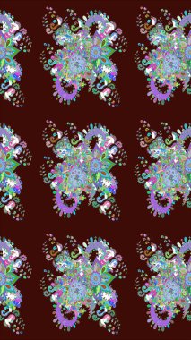 Kahverengi renklerde bahar çiçekleri. Çiçek ve yapraklı karalama şeklinde Raster çiçek deseni. Raster illüstrasyonu.