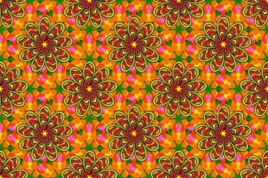 Raster Mandala. Turuncu, sarı ve kahverengi renklerde renkli yuvarlak süs deseni.