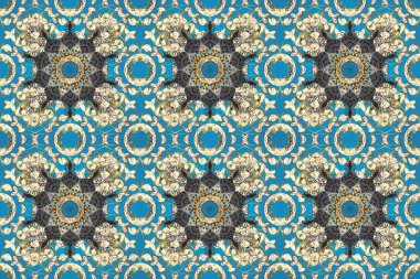 Altın element mavi, gri ve bej renklerinde. Damask arkaplanı tekerrür ediyor. Barok tarzında altın çiçek süsü. Antika altın tekrarlanabilir duvar kağıdı.