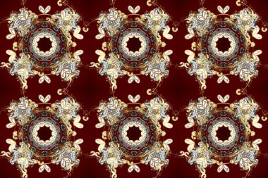 Doku arka planında altın duvar kâğıdı. Damask kusursuz yinelenen arkaplan. Barok tarzında altın çiçekli süs. Kahverengi, kırmızı ve bej renklerde altın element.